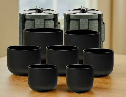 Crystal Singing Bowls Set 432Hz 6"-12" - Chakra Quartz Sound Bowls - Including Mallets, Carrying Bags, 7 x Frosted Black Quartz Bowls