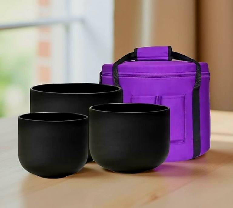 Crystal Singing Bowls Set 432Hz 6"-12" - Chakra Quartz Sound Bowls - Including Mallets, Carrying Bags, 7 x Frosted Black Quartz Bowls