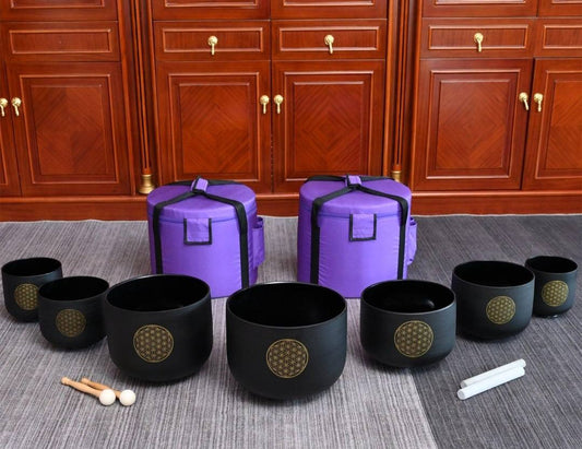 Crystal Singing Bowls Set 432Hz 6"-12" - Chakra Quartz Sound Bowls - Including Mallets, Carrying Bags, 7 x Frosted Black Quartz Bowls