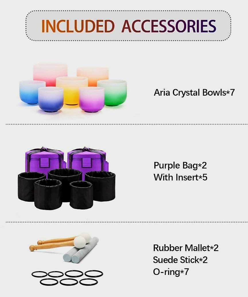 Crystal Singing Bowls Set 432Hz 6"-12" - Chakra Quartz Sound Bowls - Including Mallets, Carrying Bags, 7 x Frosted - 7 Color Quartz Bowls