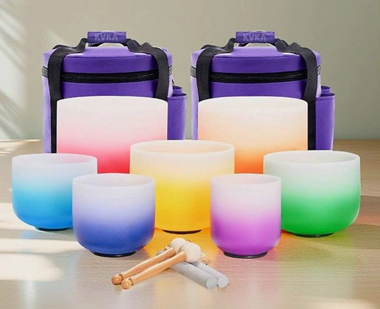 Crystal Singing Bowls Set 432Hz 6"-12" - Chakra Quartz Sound Bowls - Including Mallets, Carrying Bags, 7 x Frosted - 7 Color Quartz Bowls