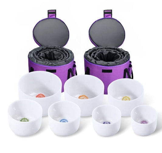 Crystal Singing Bowls Set 432Hz 6"-12" - Chakra Quartz Sound Bowls - Including Mallets, Carrying Bags, 7 x Frosted White Quartz Bowls