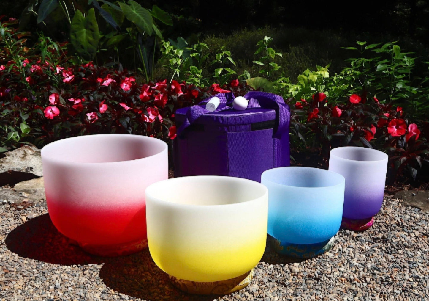 Crystal Singing Bowls Set 432Hz "12,10,8,6" - White Quartz Sound Bowls - Including Mallets & Carrying Bags, 4 Colored Chakra Quartz Bowls