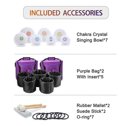 Crystal Singing Bowls Set 432Hz 6"-12" - Chakra Quartz Sound Bowls - Including Mallets, Carrying Bags, 7 x Frosted White Quartz Bowls