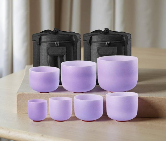 Crystal Singing Bowls Set 432Hz 6"-12" - Chakra Quartz Sound Bowls - Including Mallets & Carrying Bags, 7 x Frosted Purple Quartz Bowls