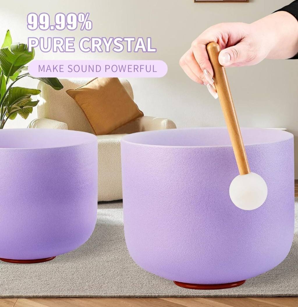 Crystal Singing Bowls Set 432Hz 6"-12" - Chakra Quartz Sound Bowls - Including Mallets & Carrying Bags, 7 x Frosted Purple Quartz Bowls