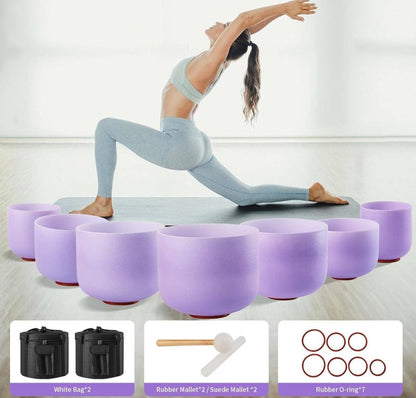 Crystal Singing Bowls Set 432Hz 6"-12" - Chakra Quartz Sound Bowls - Including Mallets & Carrying Bags, 7 x Frosted Purple Quartz Bowls