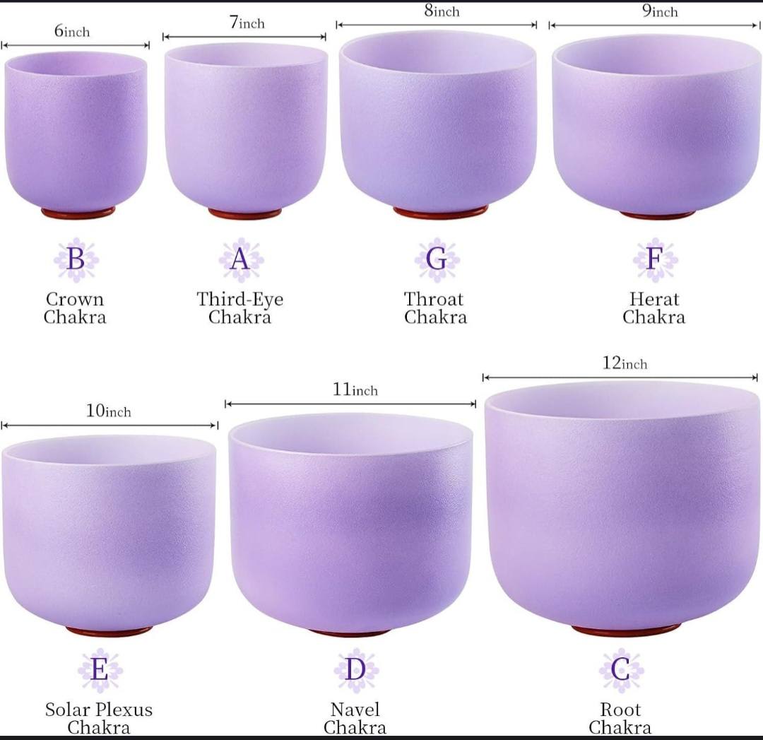 Crystal Singing Bowls Set 432Hz 6"-12" - Chakra Quartz Sound Bowls - Including Mallets & Carrying Bags, 7 x Frosted Purple Quartz Bowls