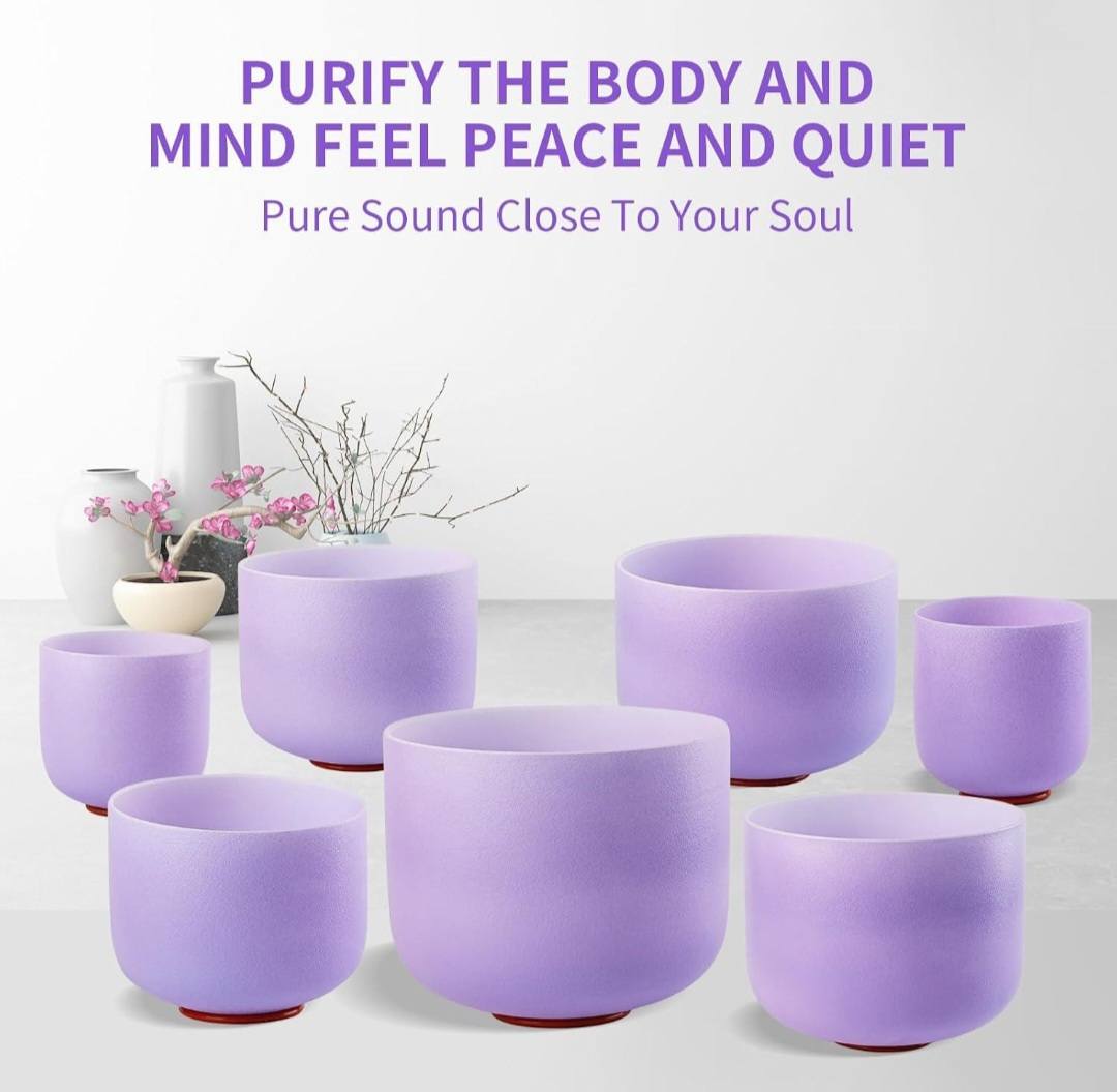 Crystal Singing Bowls Set 432Hz 6"-12" - Chakra Quartz Sound Bowls - Including Mallets & Carrying Bags, 7 x Frosted Purple Quartz Bowls