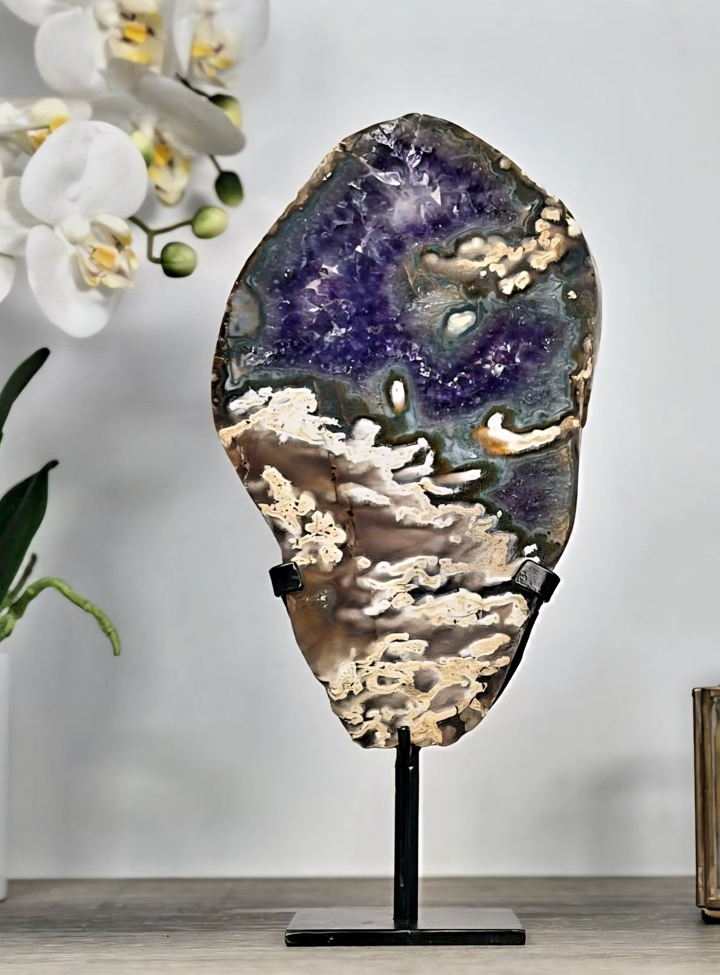 Unique Amethyst & Agate Polished Slice, Decorative Portals, Custom Metal Stand, MWS2323, 26.5 x 13cm