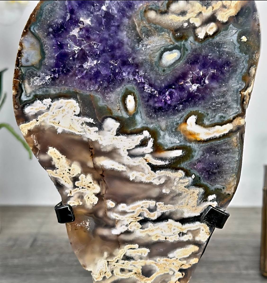 Unique Amethyst & Agate Polished Slice, Decorative Portals, Custom Metal Stand, MWS2323, 26.5 x 13cm