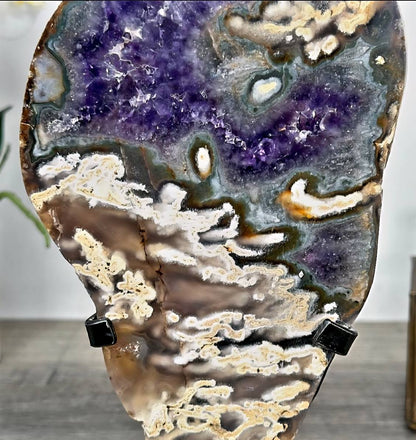 Unique Amethyst & Agate Polished Slice, Decorative Portals, Custom Metal Stand, MWS2323, 26.5 x 13cm