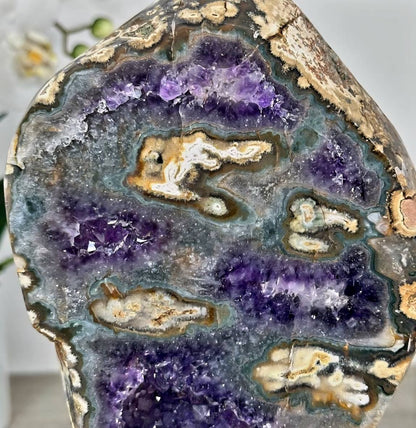 Unique Amethyst & Agate Polished Slice, Decorative Portals, Custom Metal Stand, MWS2323, 26.5 x 13cm