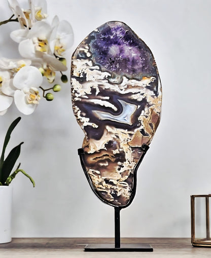 Natural Blue Agate, Amethyst &amp; Jasper Slice with Stand, Decorative Portals, Custom Metal Stand, MWS2330 - 34.5x14cm