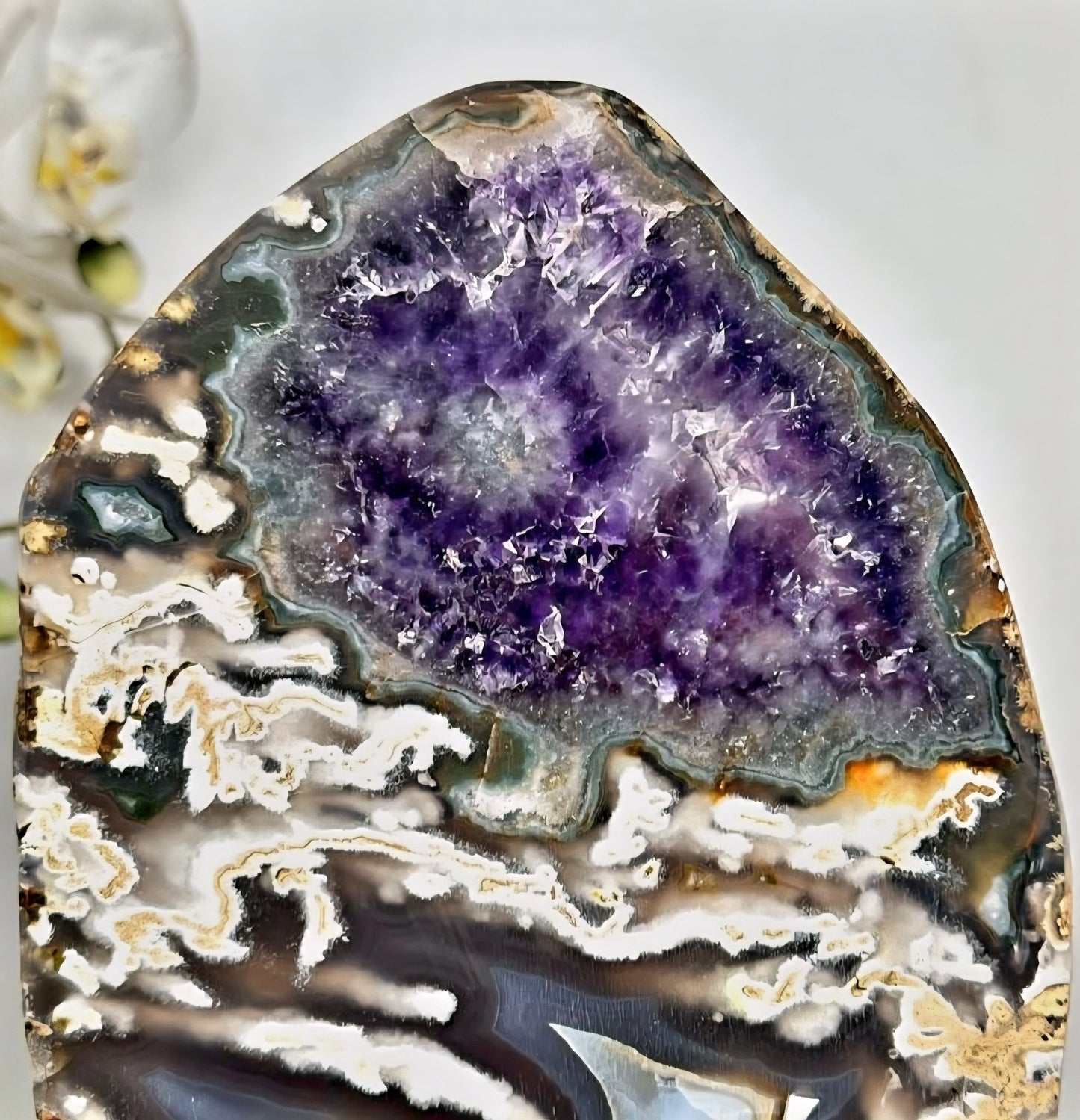 Natural Blue Agate, Amethyst &amp; Jasper Slice with Stand, Decorative Portals, Custom Metal Stand, MWS2330 - 34.5x14cm