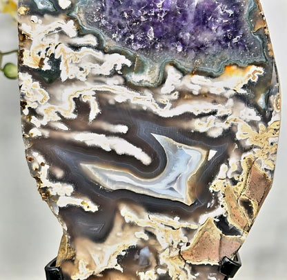 Natural Blue Agate, Amethyst &amp; Jasper Slice with Stand, Decorative Portals, Custom Metal Stand, MWS2330 - 34.5x14cm
