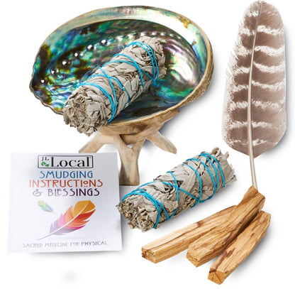 White Sage Smudge Kit with Feather, 2 Sage Bundles, 3 Palo Santo Sticks, Abalone Shell + Stand | Home Smoke Cleanse Kit | House Cleansing
