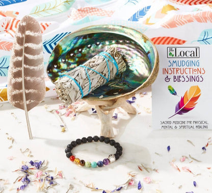 Sage Smudge Kit with Feather, White Sage Bundle, Abalone Shell + Stand, Chakra Bracelet, Instructions | Smoke Cleanse Home Cleanse Kit