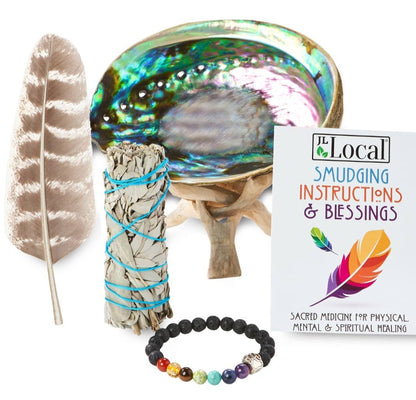 Sage Smudge Kit with Feather, White Sage Bundle, Abalone Shell + Stand, Chakra Bracelet, Instructions | Smoke Cleanse Home Cleanse Kit