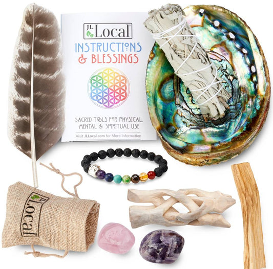 2025 Sage Smudge Kit with Feather, White Sage, Palo Santo, Abalone Shell + Stand, Rose Quartz Stone, Amethyst Stone | Smoke Cleanse Home Cleanse