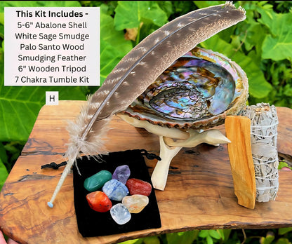 2025 White Sage Smudge Abalone Kit - Big Abalone Shell, White Sage Smudge Stick, Tripod Stand, Palo Santo Stick, 7 Chakra Stone Set + Smudging Directions