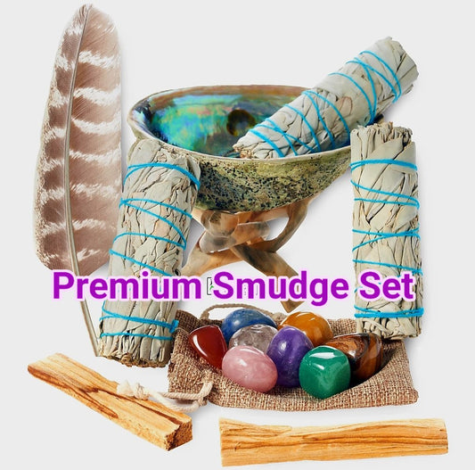 2025 White Sage Premium Smudge Kit + Feather, 3 Sage Bundles, 2 Palo Santo Sticks, Abalone Shell + Stand, 8 Chakra Healing Stones / Crystals For Smudging