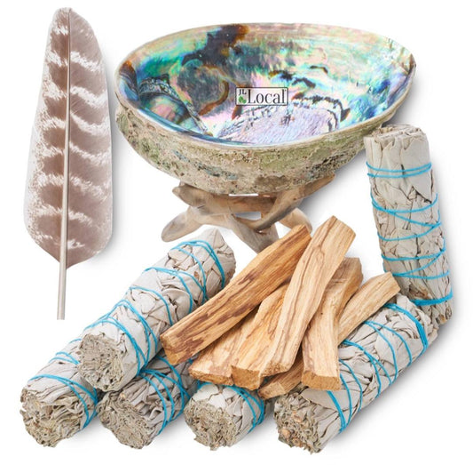 White Sage Smudge Kit with Feather, 6 Sage Bundles, 6 Palo Santo Sticks, Abalone Shell + Stand | Home Smoke Cleanse Kit | House Cleansing