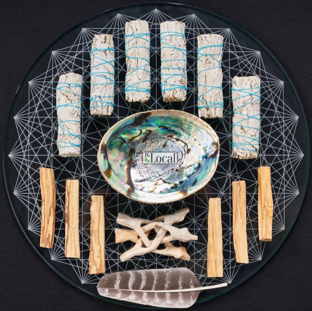 White Sage Smudge Kit with Feather, 6 Sage Bundles, 6 Palo Santo Sticks, Abalone Shell + Stand | Home Smoke Cleanse Kit | House Cleansing