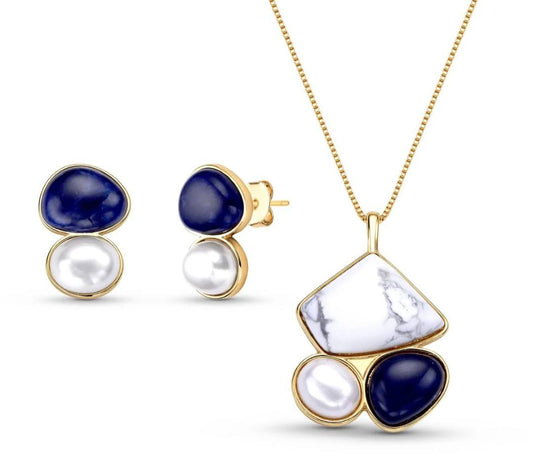 New 2025 Brazil Gem - 3 Stone Howlite + Sodalite + White Shell Pearl Pearl 18K Gold Plated Necklace & Earring Set
