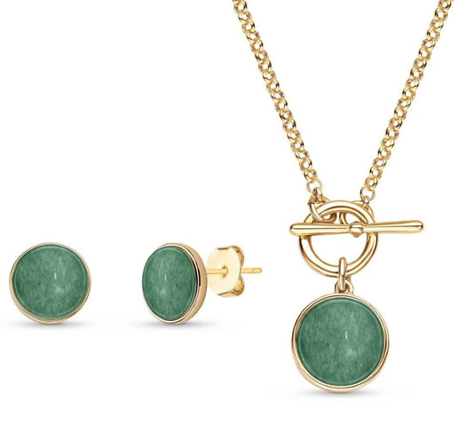 New 2025 Brazil Gem Green AGATE Round Cabochons 18k Gold Plated Necklace & Earring Set
