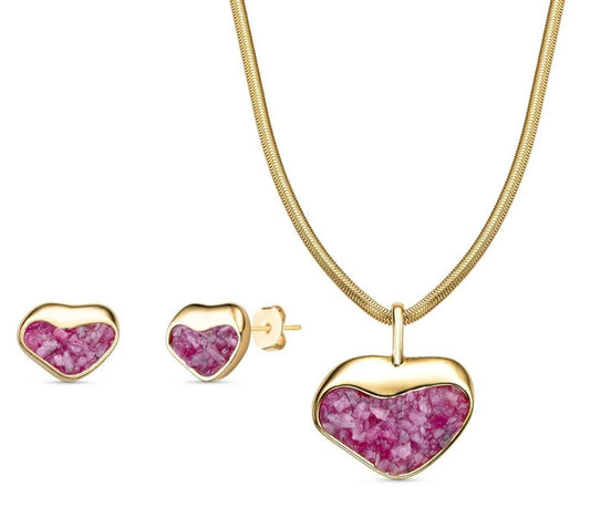New 2025 Brazil Gem Pink Rhodonite Heart Shape Necklace & Earring Set 18K Gold Plated