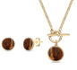New 2025 Brazil Gem Tigereye Round Cabochons 18k Gold Plated Necklace & Earring Set