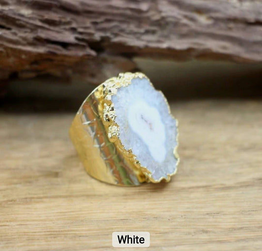 Fashion Ring natural Solar Hvit Quartz, Gold Electroplated, Justerbar