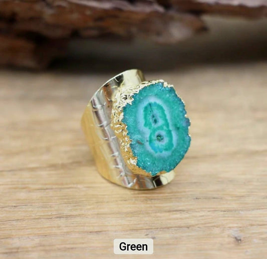 Fashion Ring natural Solar Green Aqua Quartz, Gold Electroplated, Justerbar
