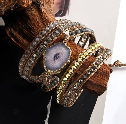 NYHET 2025 ! BOHO WRAP BRACELET 5 rader armbånd med Lilla Solar Quartz