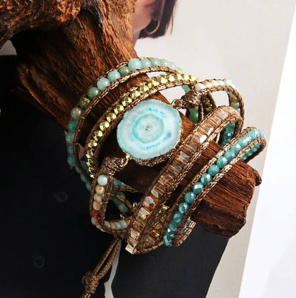 NYHET 2025 ! BOHO WRAP BRACELET 5 rader armbånd med Aqua Solar Quartz