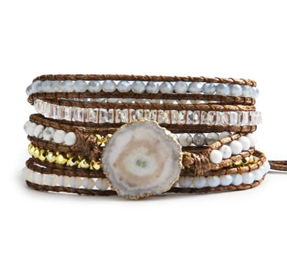 NYHET 2025 ! BOHO WRAP BRACELET 5 rader armbånd med Hvit Solar Quartz