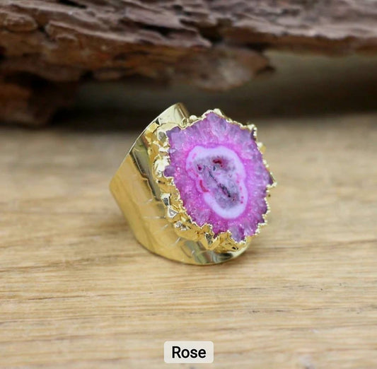 Fashion Ring natural Solar Pink Quartz, Gold Electroplated, Justerbar