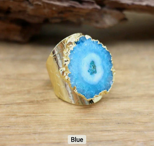 Fashion Ring natural Solar Blue Quartz, Gold Electroplated, Justerbar