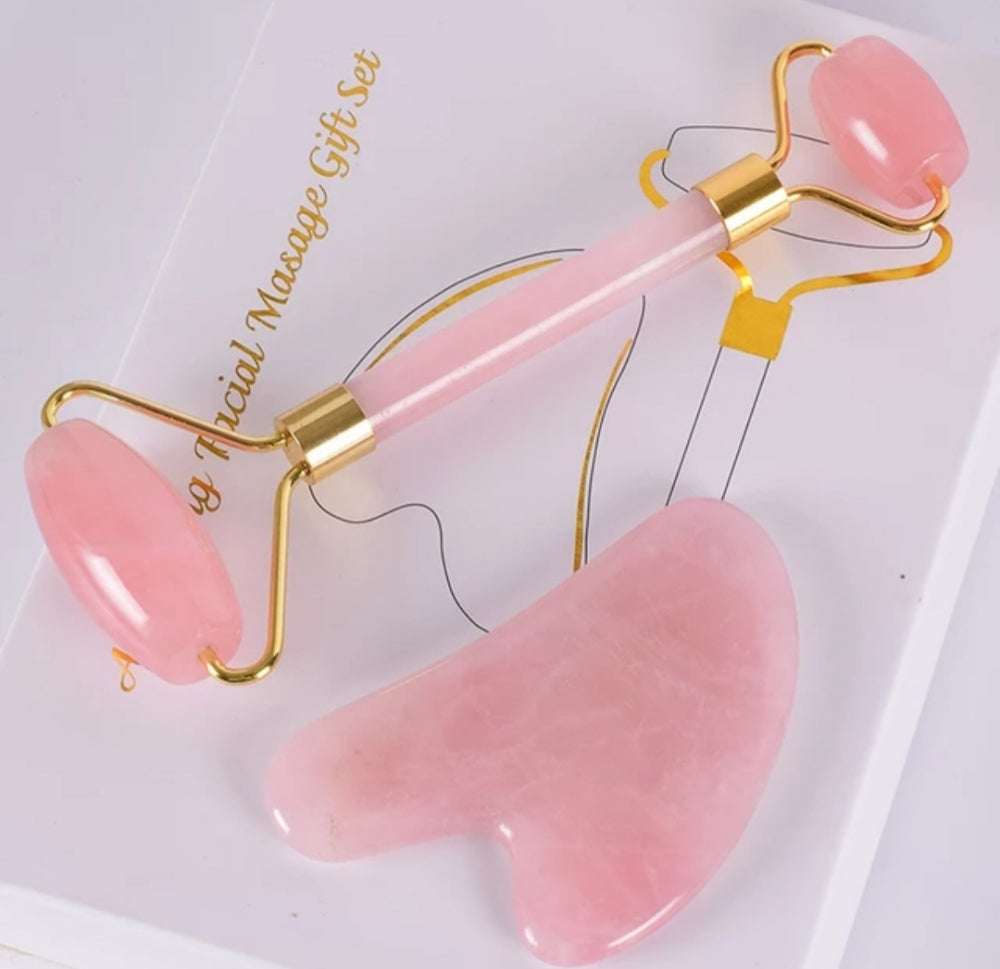 2- 1 Rose Quartz Roller & Gua Sha Facial Spa Set