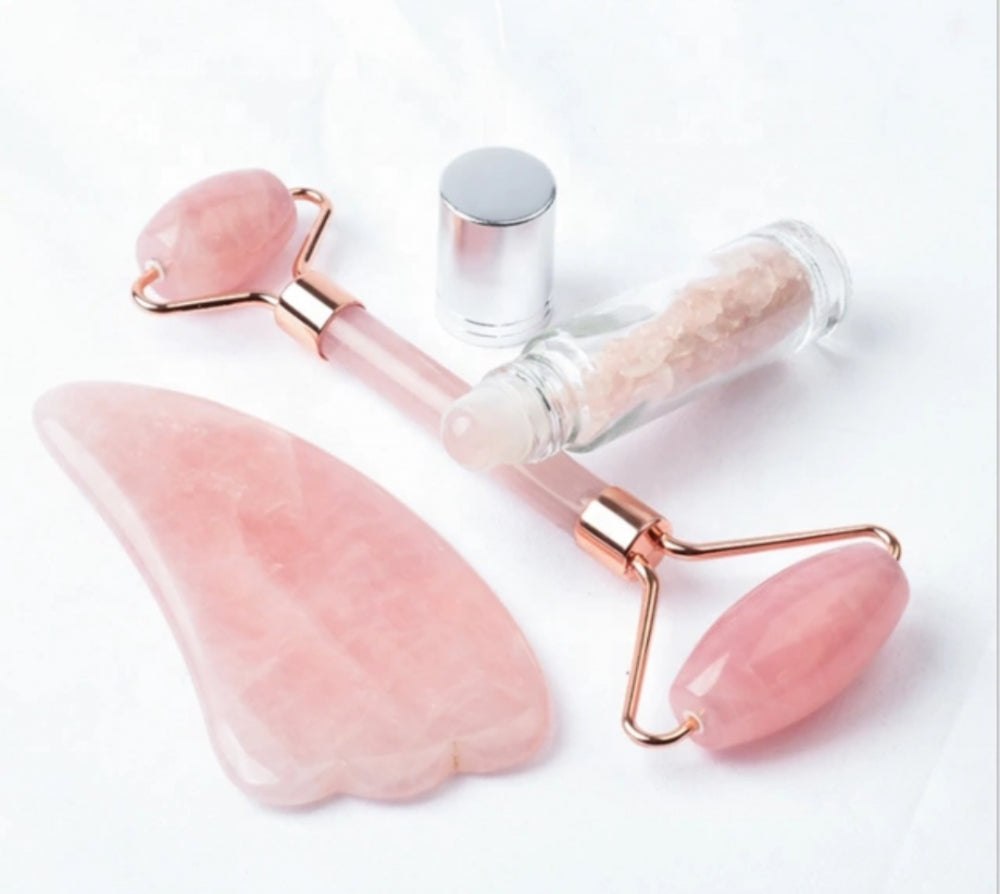 3 - 1 Pink Gold Rose Quartz Roller & Gua Sha Facial Spa Set + Rose Quartz Bottle Roller