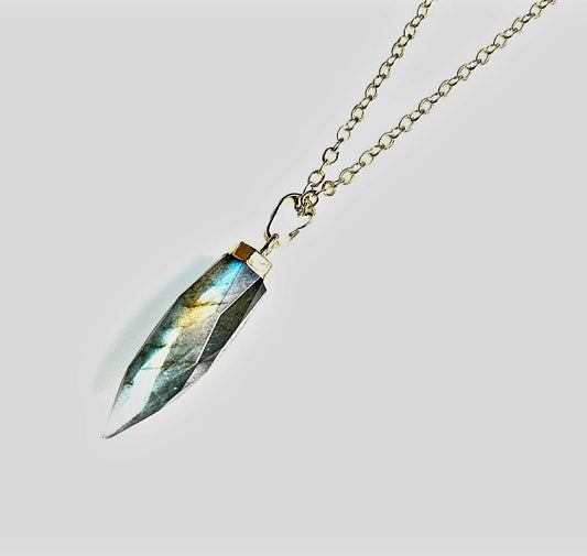Nye Spike Point Pendel Anheng i Labradorite m/kjede , Gold Electroplated