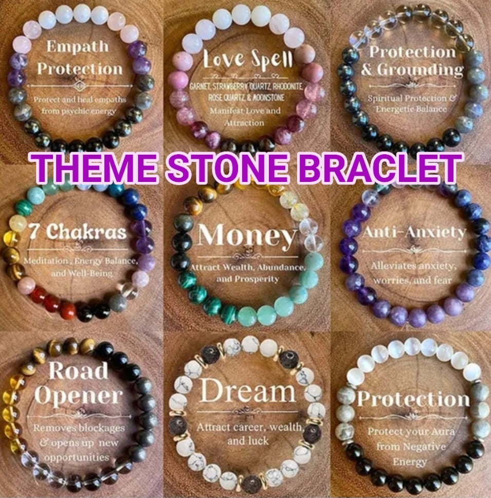 2 for 1 Temabaserte natural Steinarmbånd, 9 Design, 8mm kuler, flexible