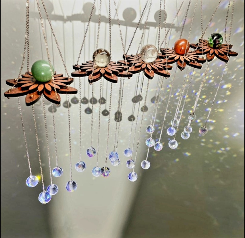 New 2024 Lotus Rainbow Crystal Suncatcher w/ Smoke Quartz 21mm Sphere