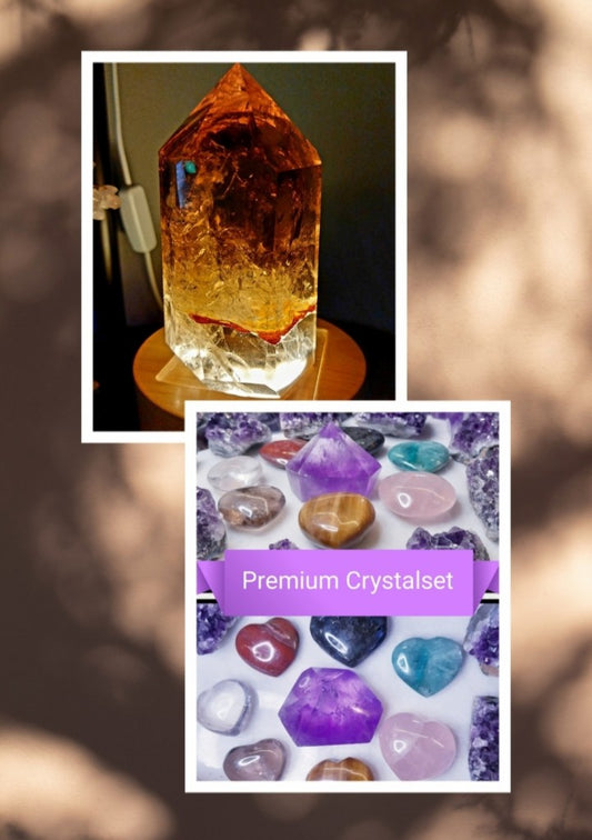SUPEROFFER 17 / Exclusive Pack ( Large Smoke Quartz Tårnkrystall m/ledlys trebase + Premium Krystallsett