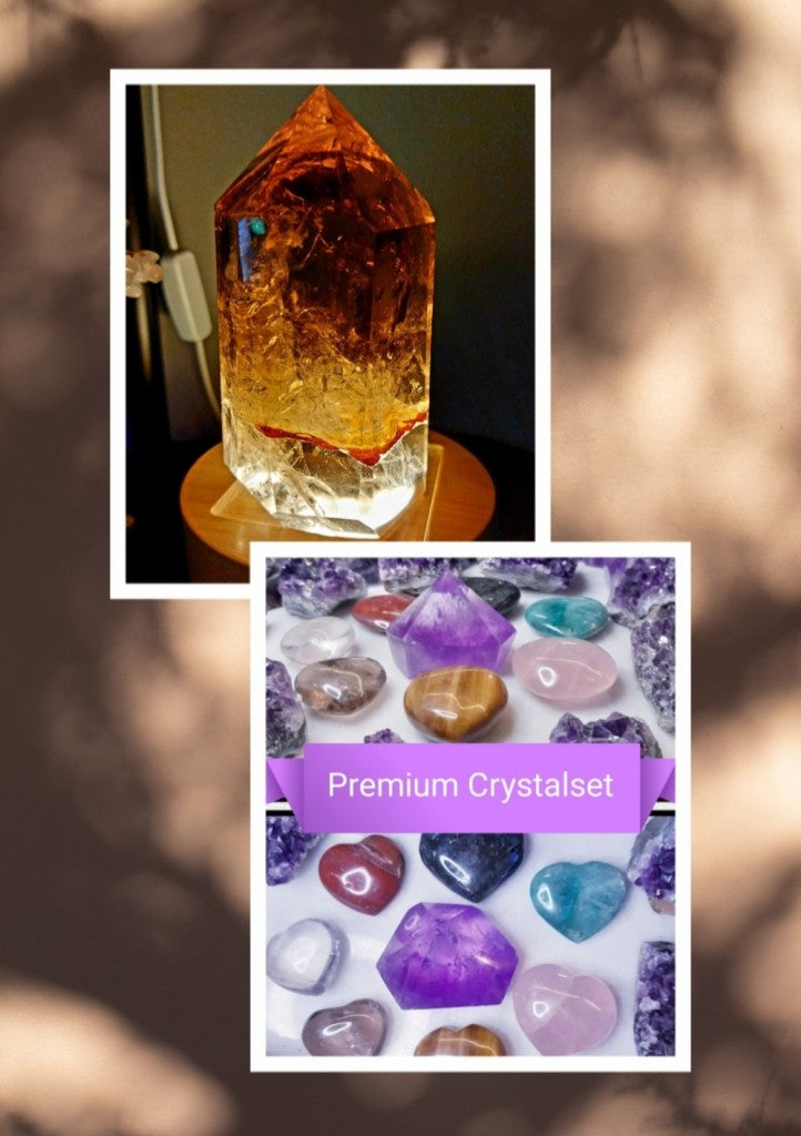 SUPEROFFER 17 / Exclusive Pack ( Large Smoke Quartz Tårnkrystall m/ledlys trebase + Premium Krystallsett