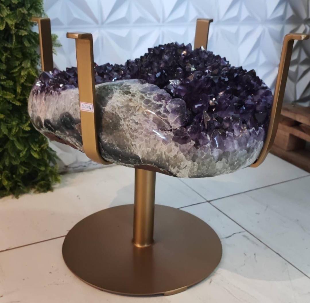 KAMPANJE / Extra Plus Amethyst Geode Cluster SOFA Table Metal Frame Table w/Druzy big Cluster, ca. 25kg - 46x34cm, Høyde 40cm