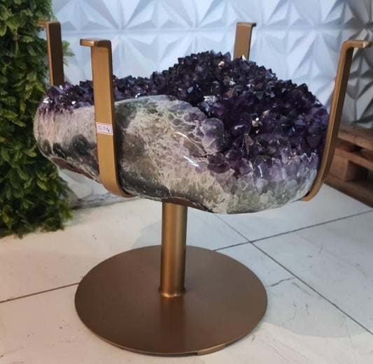 KAMPANJE / Extra Plus Amethyst Geode Cluster SOFA Table Metal Frame Table w/Druzy big Cluster, ca. 25kg - 46x34cm, Høyde 40cm