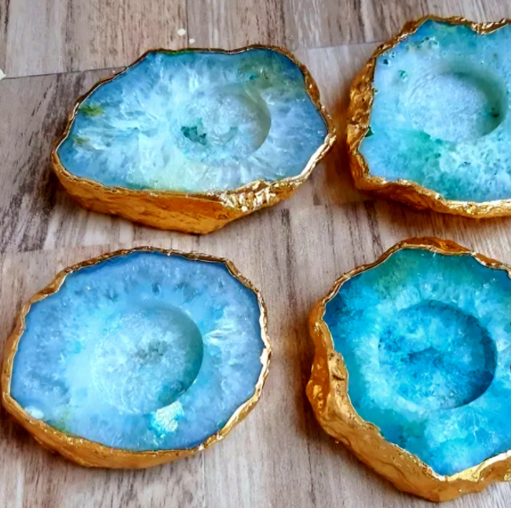 Indian Blue Agat Coaster Telys dekorasjon Gold Electroplated, Medium - 10cm