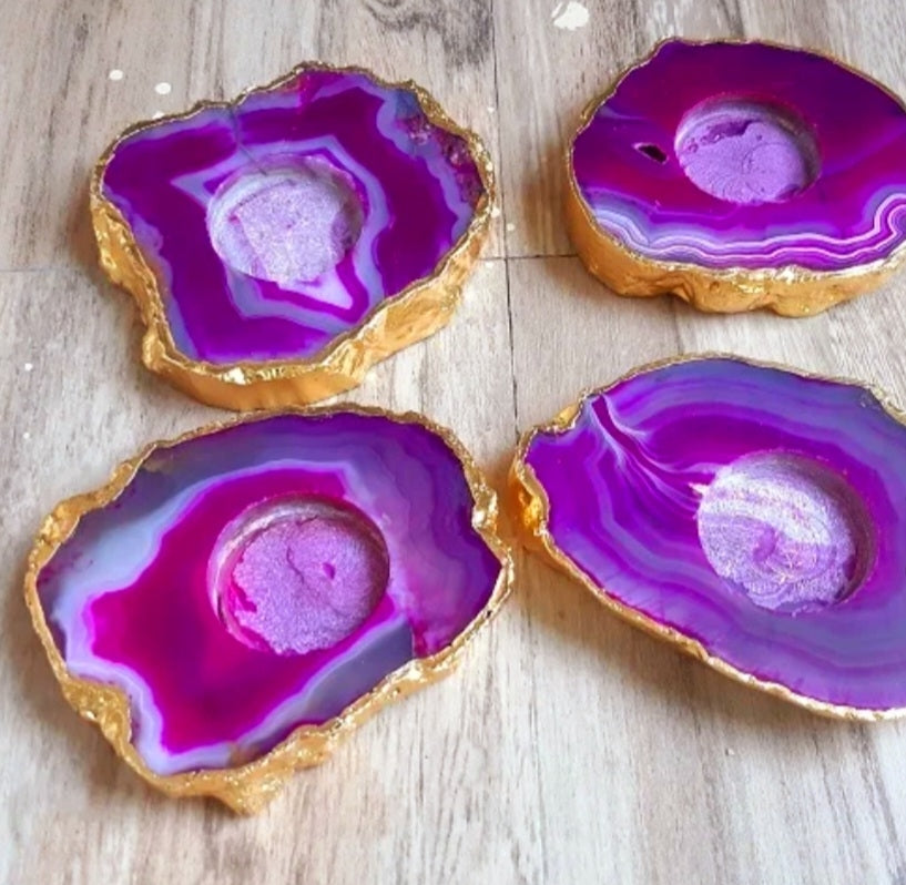 Indian Pink Agat Coaster Telys dekorasjon Gold Electroplated, Medium - 10cm